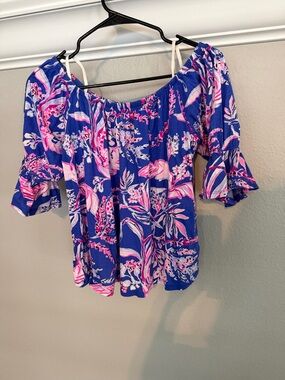 Lilly Pulitzer Blue Floral Off-Shoulder Women’s Top - Pink & White Print
